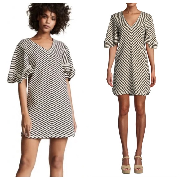 SEE BY CHLOE Striped Flutter-Sleeve V-Neck Short Dress - Picture 1 of 10